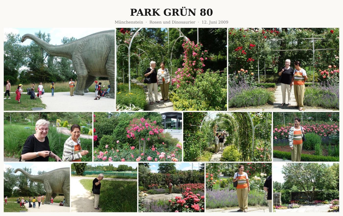 Fotocollage Park Gruen 80: Muenchenstein, Rosen und Dinosaurier
